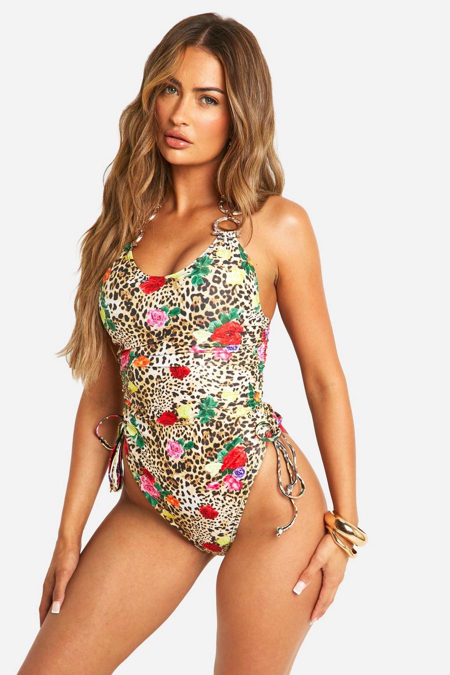 Leopard Rose Diamante Gold Trim Ruched Swimsuit image number 1