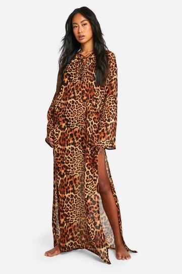 Multi Leopard Lace Up Beach Cover-up Kaftan