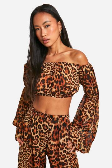 Leopard Long Sleeve Bardot Beach Top leopard