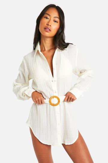 Crinkle Belted Beach Shirt Dress cream