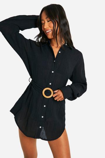 Crinkle Belted Beach Shirt Dress black