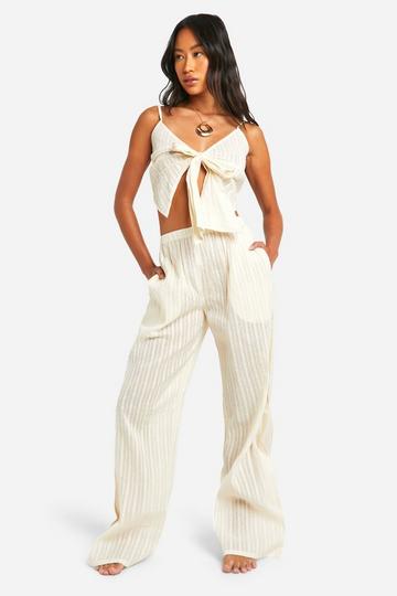 Sheer Stripe Tie Top & Pants Beach Co-Ord cream