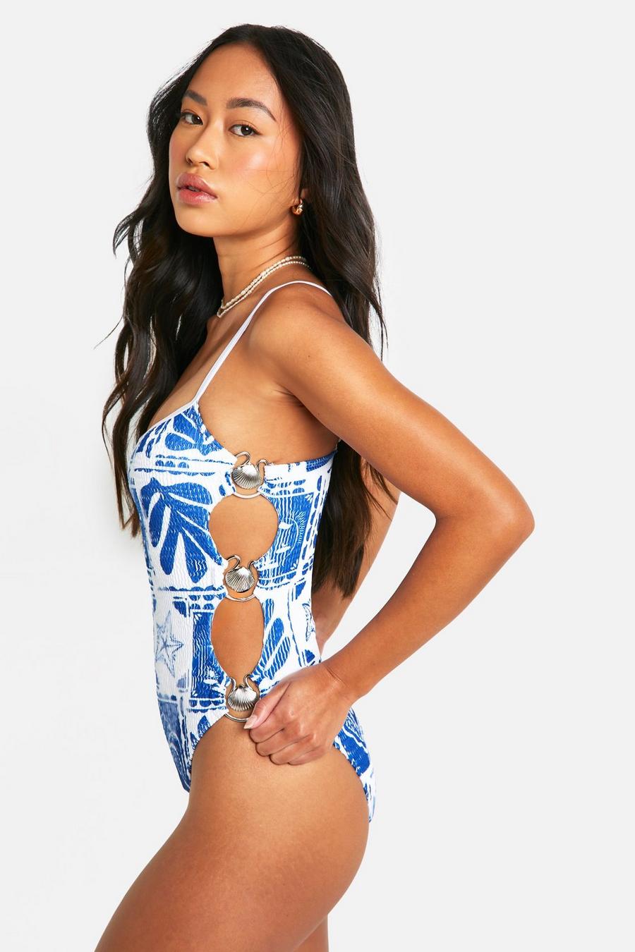 Blue Tile Print Shell Crinkle Cut Out Swimsuit image number 1