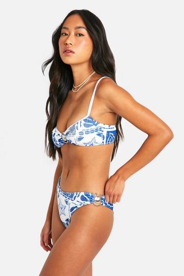 Blue Tile Print Shell Crinkle High Waisted Bikini Set