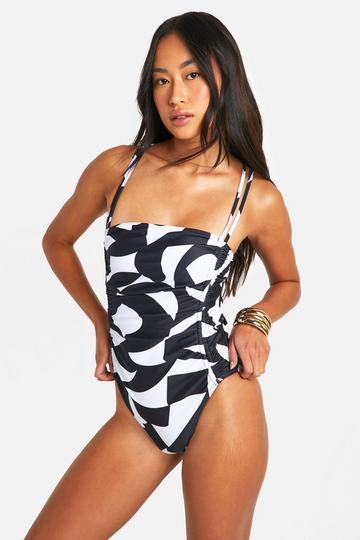 Tummy Control Abstract Print Ruched Swimsuit black