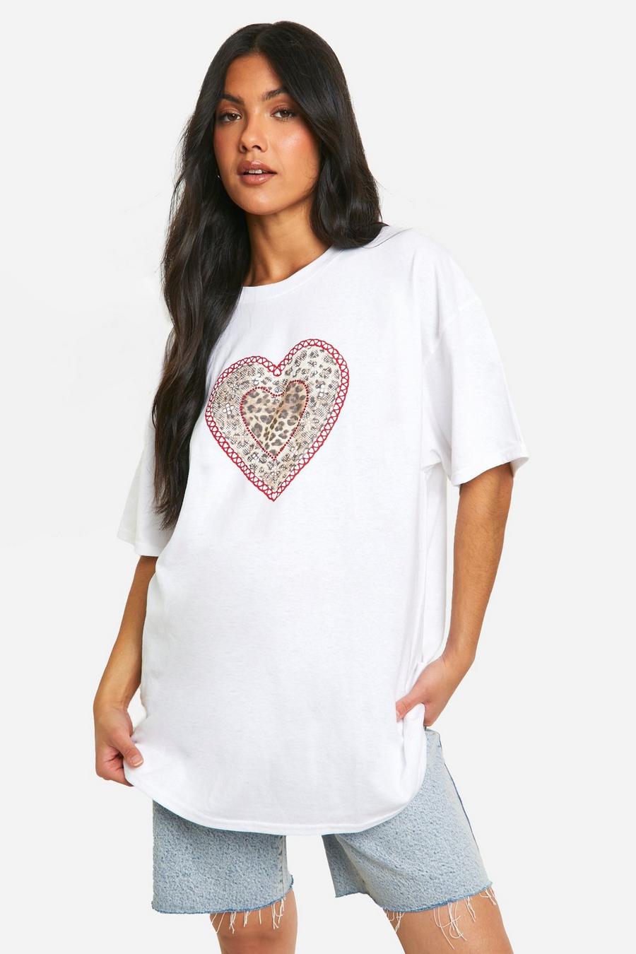 White Maternity Leopard Heart Print Oversized T-shirt