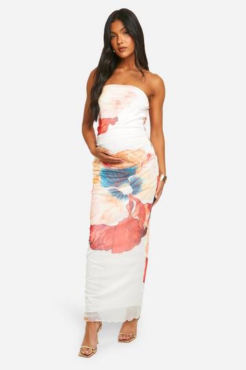 Maternity Mesh Floral Print Bandeau Maxi Dress cream