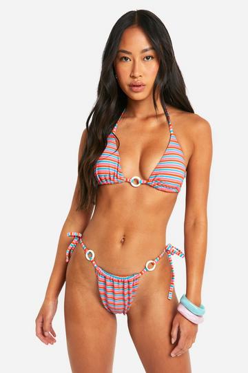 Stripe Towelling O-ring Triangle Bikini Set pink