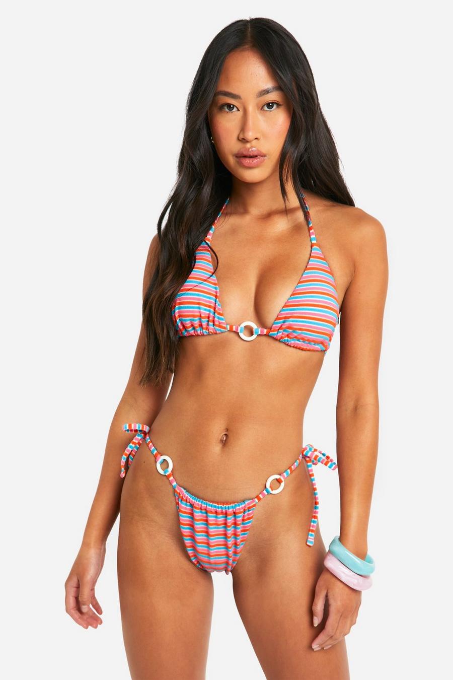 Pink Stripe Toweling O-Ring Triangle Bikini Set image number 1