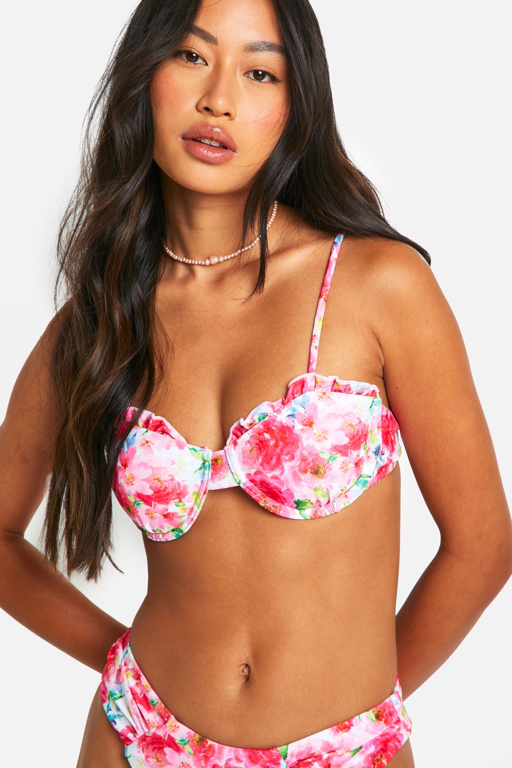 Pink Floral Ruffle Underwired Bikini Top