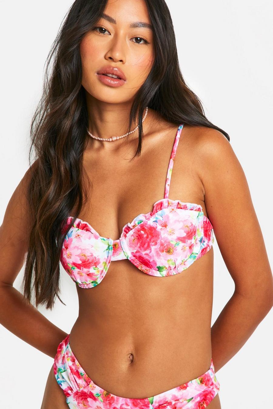 Pink Floral Ruffle Underwired Bikini Top image number 1