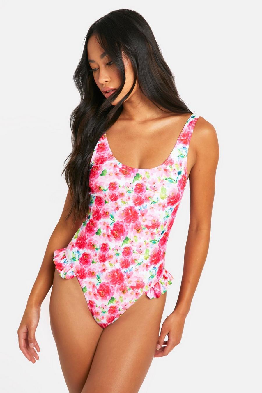 Pink Floral Ruffle Scoop Swimsuit image number 1
