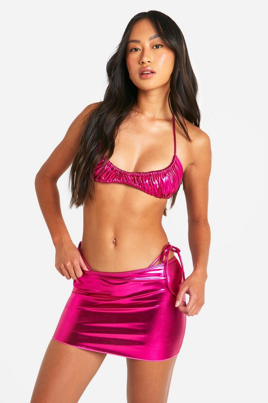 Hot pink 3 Pieces Metallic Ruched Bikini Set & Skirt