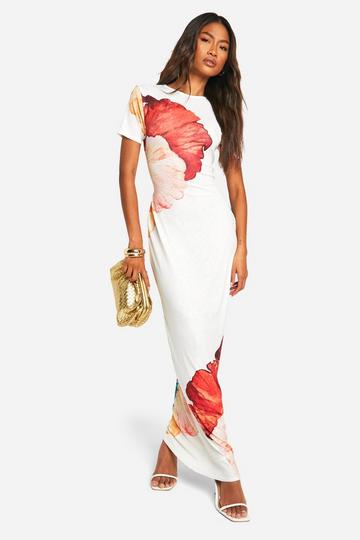 Ivory White Textured Sheer Floral Tie Back Maxi Dress