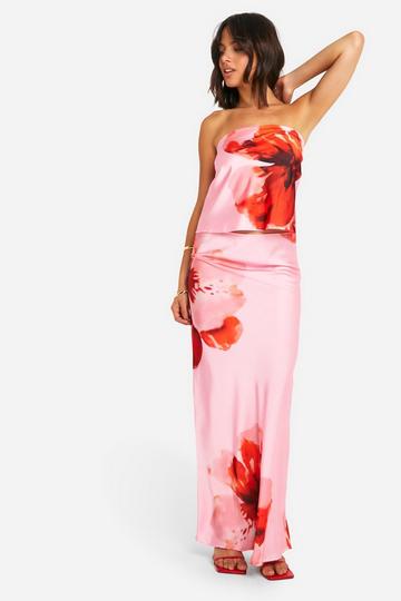 Large Floral Satin Longline Bandeau & Maxi Skirt pink