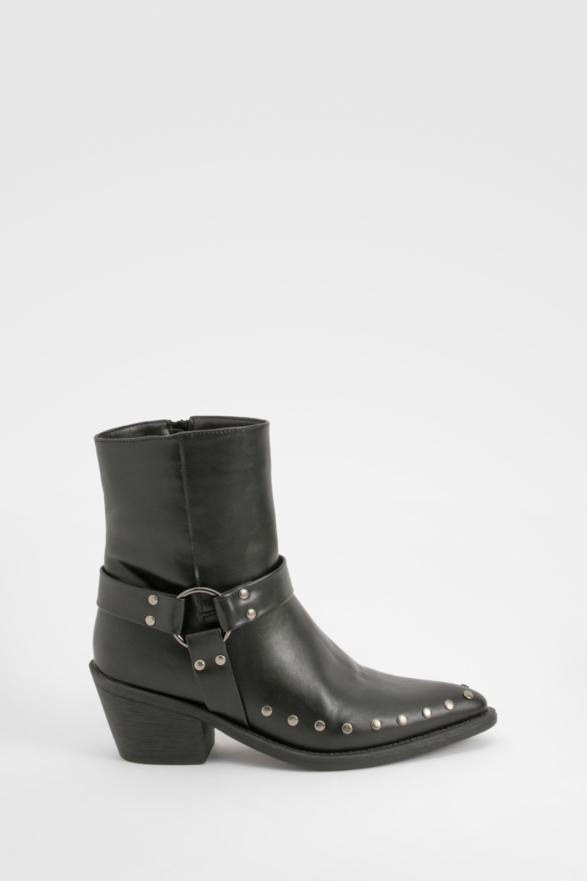Boohoo Women s Harness Stud Western Cowboy Boots Black