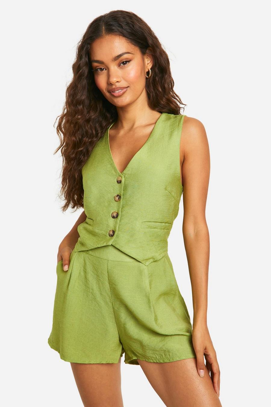 Olive Linen Look Waistcoat & Relaxed Fit Shorts
