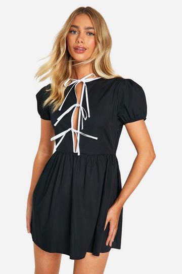 Black Contrast Bow Front Mini Smock Dress