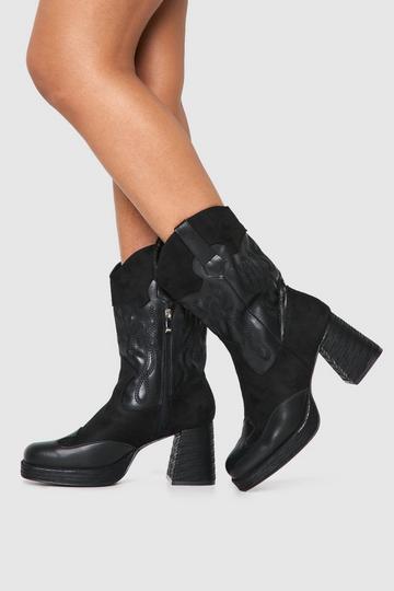 Black Chunky Platform Western Heeled Boots