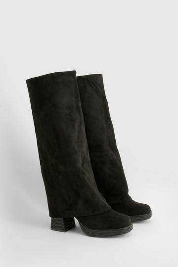 Black Stacked Heel Fold Over Knee High Boot