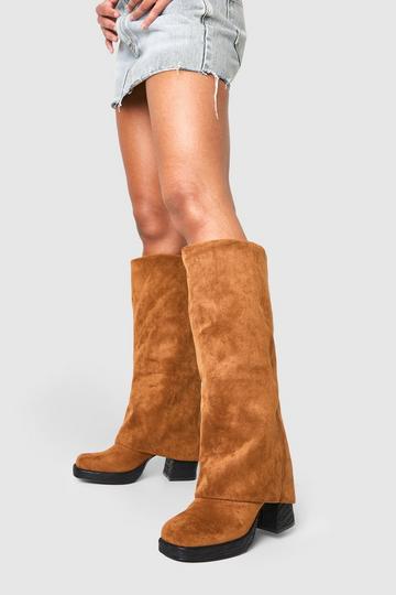 Tan Brown Stacked Heel Fold Over Knee High Boot