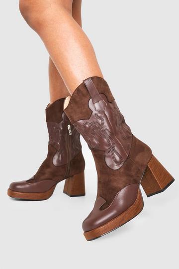 Chunky Platform Western Heeled Boots chocolate