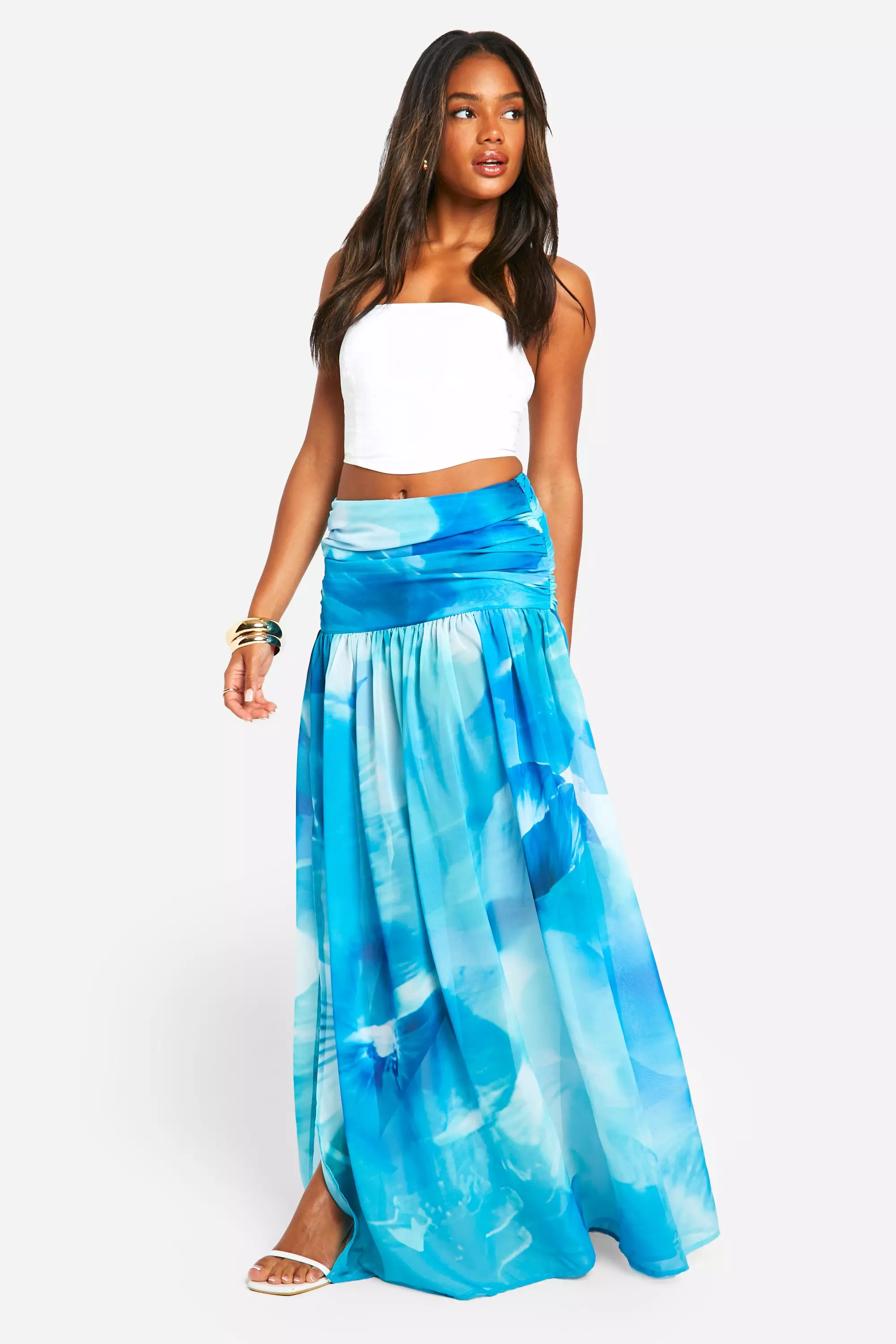 Blue Abstract Chiffon Ruched Maxi Skirt alternative image