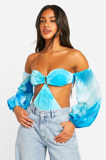 Abstract Chiffon Balloon Sleeve Bodysuit blue