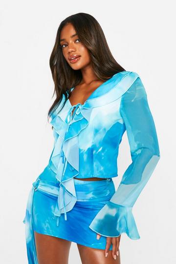 Blue Abstract Ruffle Blouse