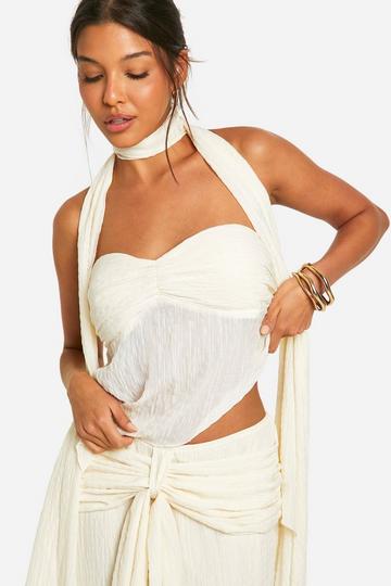 Cream White Crinkle Halterneck Asymmetric Crop Top