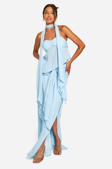 Crinkle Ruched Split Maxi Skirt light blue