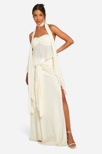 Cream White Crinkle Ruched Split Maxi Skirt