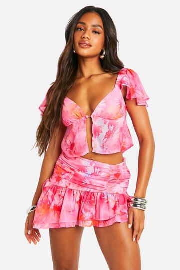 Abstract Chiffon Frill Sleeve Corset hot pink