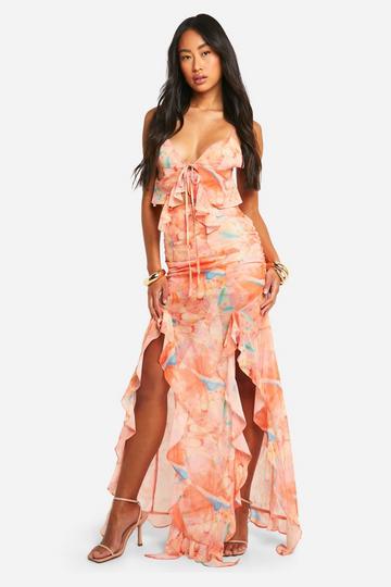 Butterfly Printed Ruffle Split Maxi Skirt orange