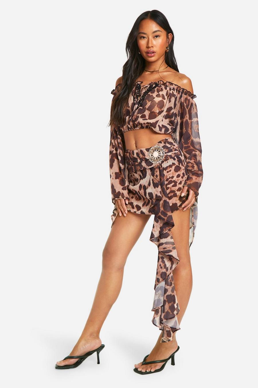 Brown Leopard Chiffon Ruffle Mini Skirt image number 1
