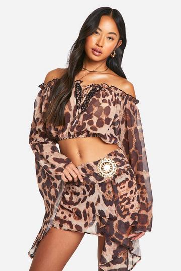 Leopard Bardot Crop Blouse brown