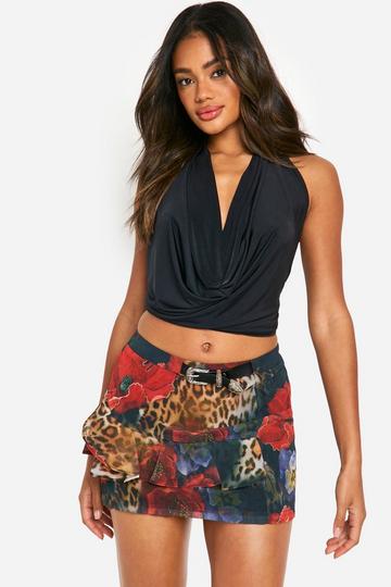 Black Molly Smith Leopard Rose Print Ruffle Buckle Mini Skirt