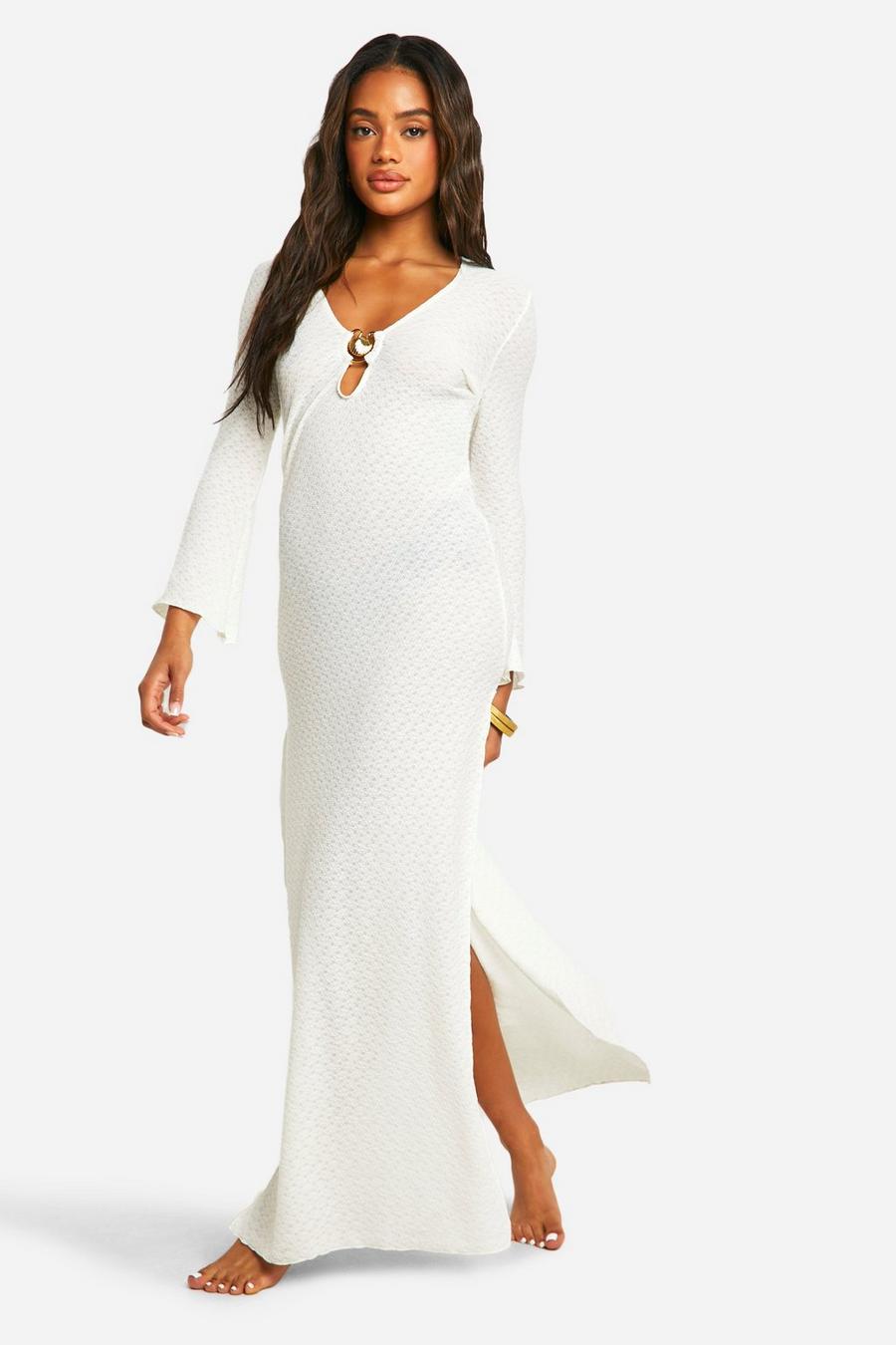 White Shell Trim Crinkle Beach Maxi Dress image number 1