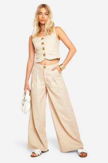 Stone Beige Linen Look Pleated Pants