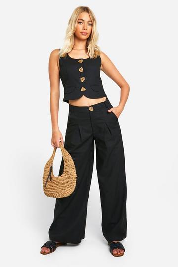 Black Linen Look Pleated Trouser