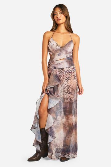 Cut Out Strappy Animal Chiffon Maxi Dress brown