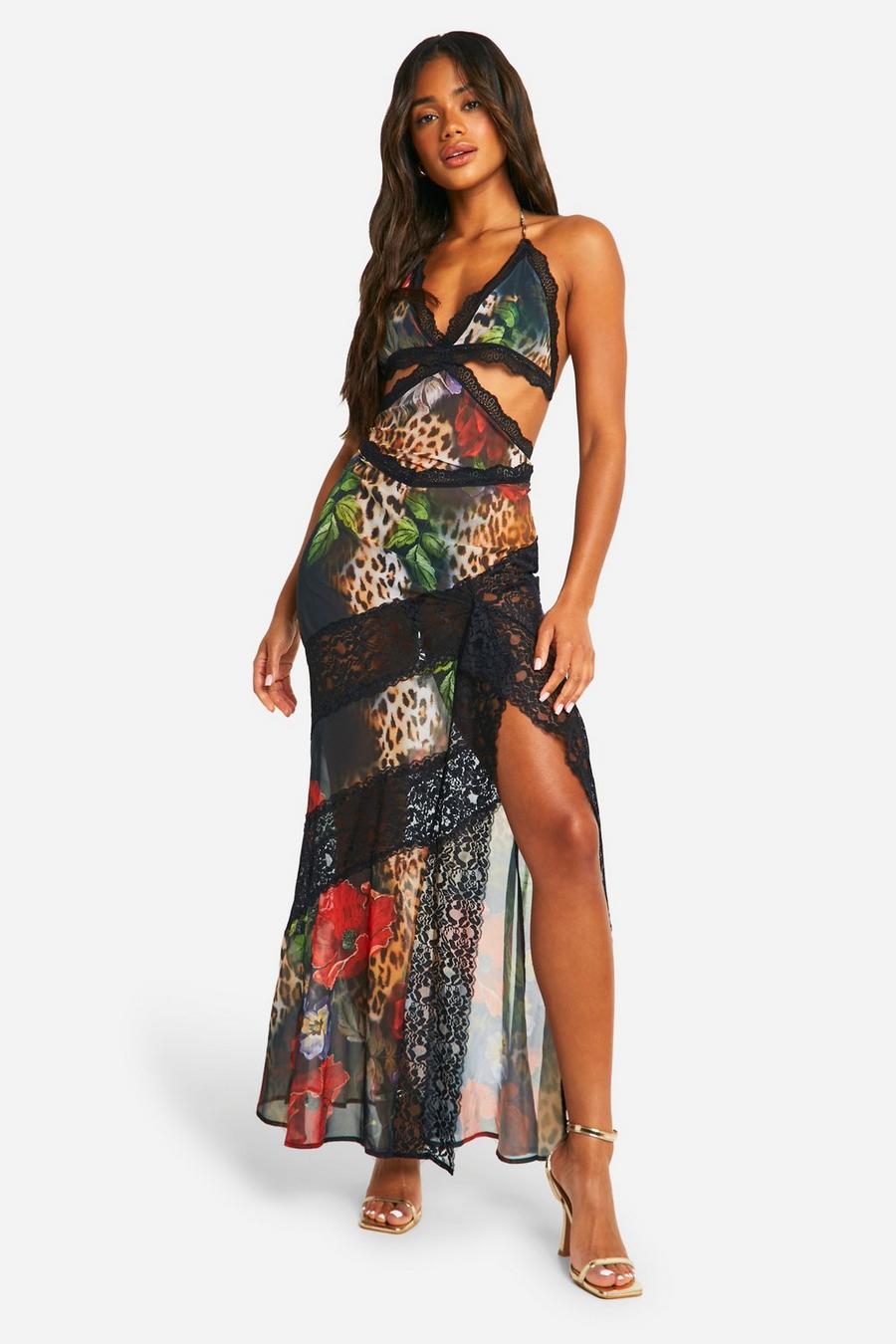 Black Chiffon Lace Cut Out Printed Maxi Dress