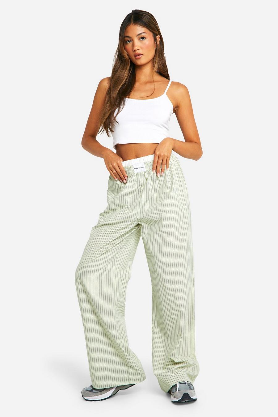 Green Contrast Waistband Stripe Wide Leg Pants image number 1