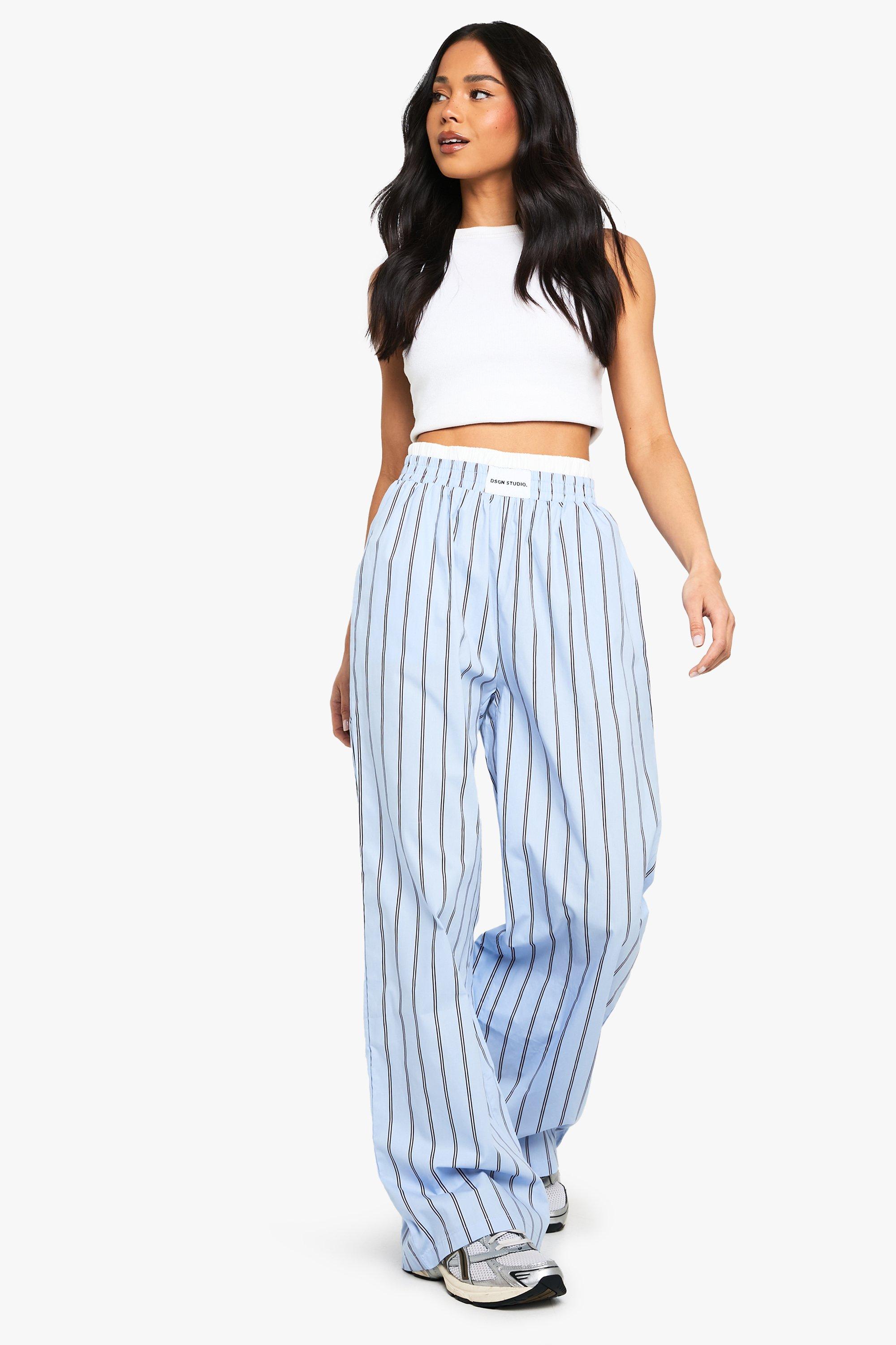 Blue and white striped wide leg trousers hot sale