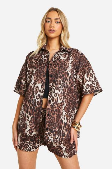 Leopard Oversized Boxy Short Sleeve Shirt brown