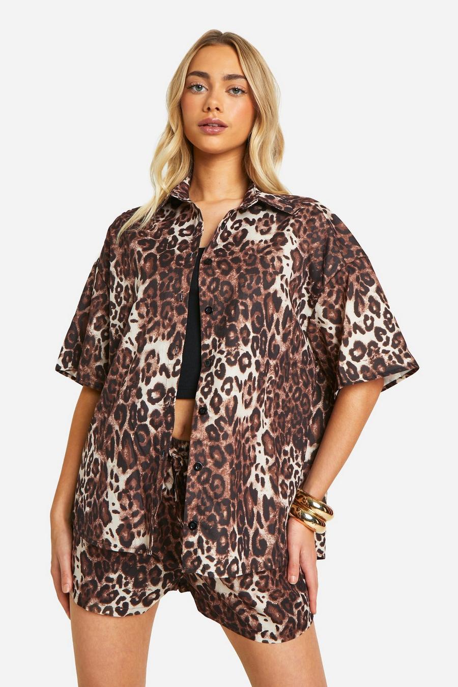 Brown Leopard Oversized Boxy Short Sleeve Shirt
