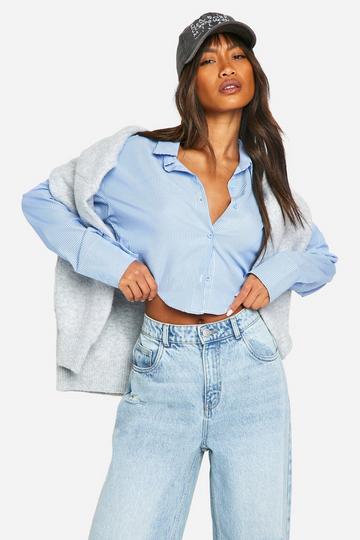 Blue Curved Hem Crop Stripe Shirt