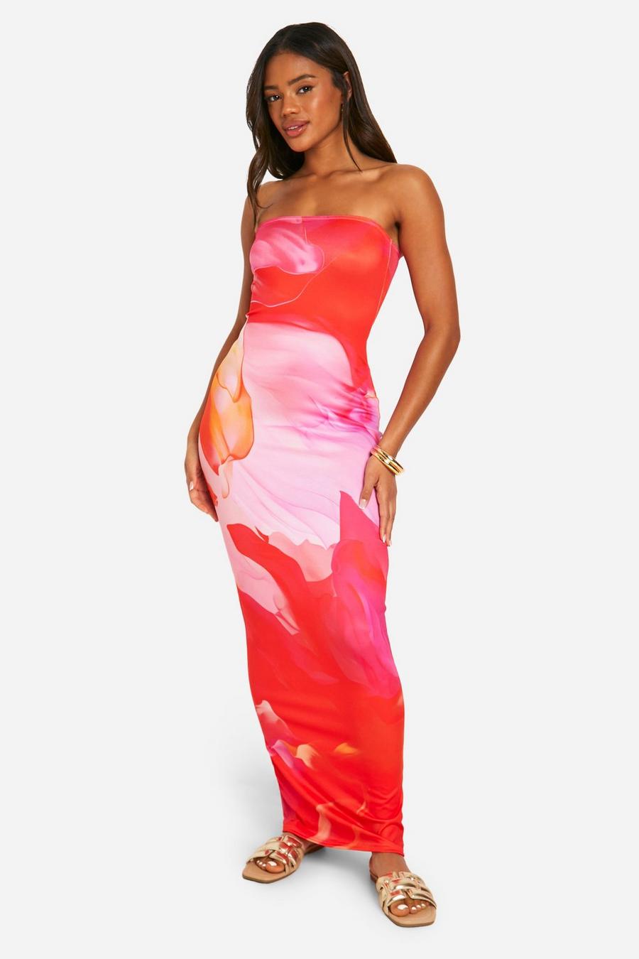 Pink Super Soft Bandeau Tie Dye Maxi Dress image number 1