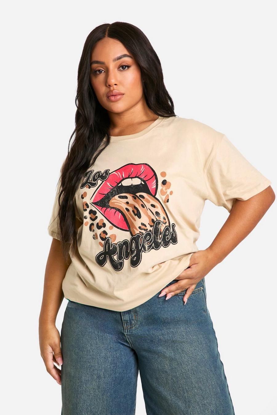 Camiseta Plus oversize con estampado de Los Angeles, Sand image number 1