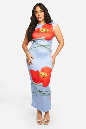 Plus Floral Super Soft Short Sleeve Maxi Dress blue